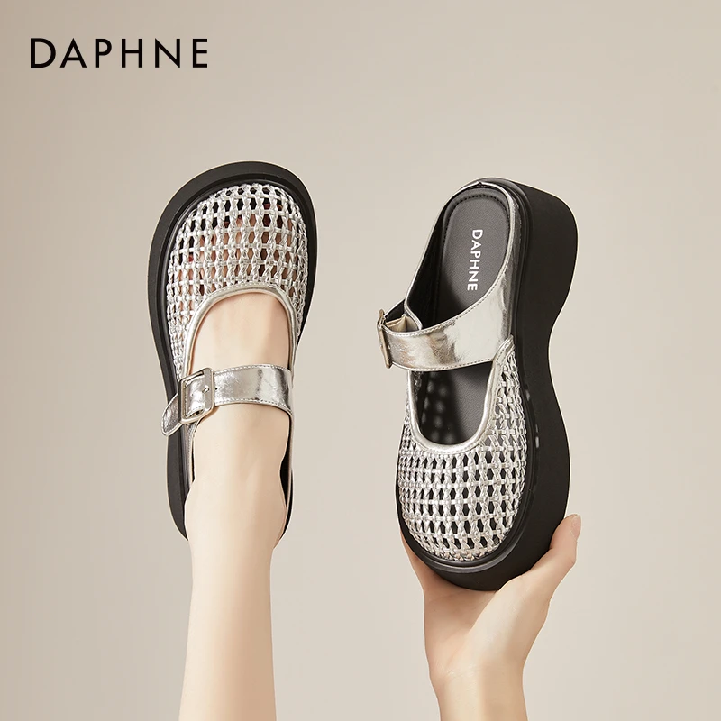 达芙妮增高法式包头半拖鞋外穿女鞋夏季新款网面透气舒适软底凉拖