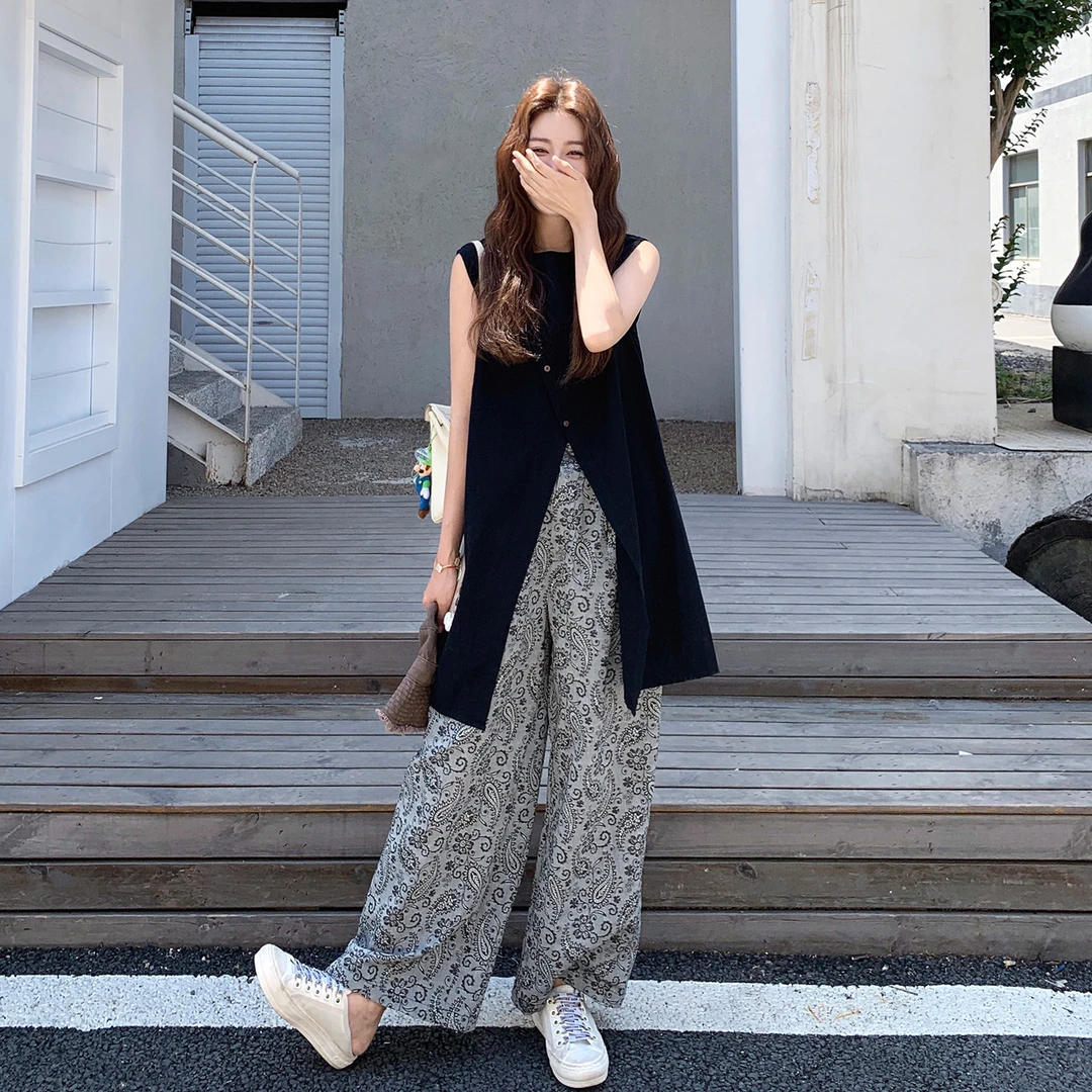 不规则开叉上衣碎花阔腿裤套装女夏季爆款休闲气质一整套ootd穿搭
