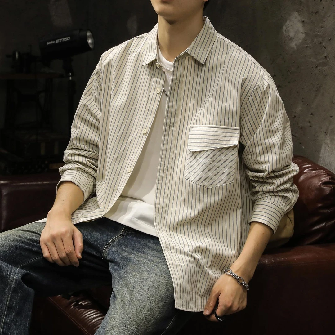 免烫日系条纹长袖衬衫男纯棉春秋季衬衣男装上衣服痞帅外套高级感