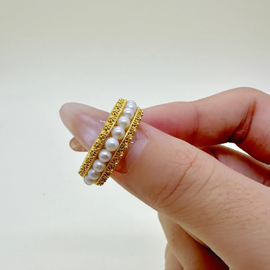 吴越老银铺 925银戒指 镀金手工镶嵌珍珠戒指银戒指时尚百搭