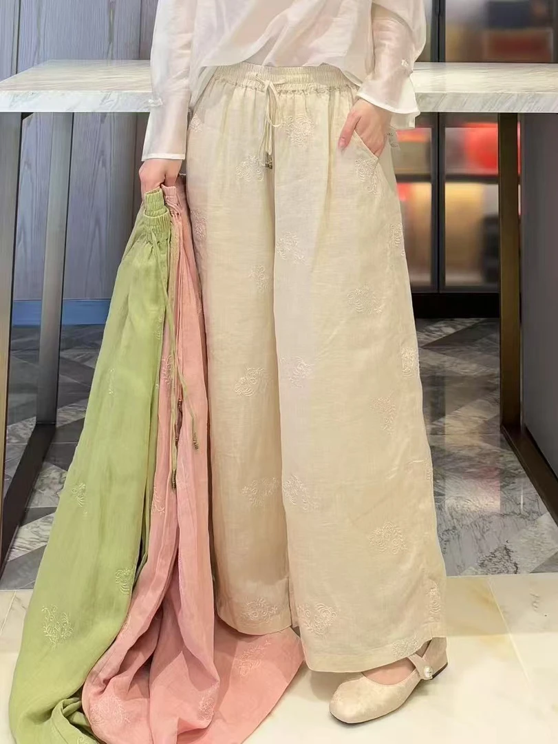 【重磅神裤】纯色重纱砂洗苎麻全刺绣显瘦百搭抽绳双层阔腿裤50155