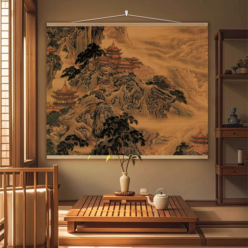 复古中式山水竹子挂画茶室背景墙壁画玄关装饰画客厅国风卷帘轴画