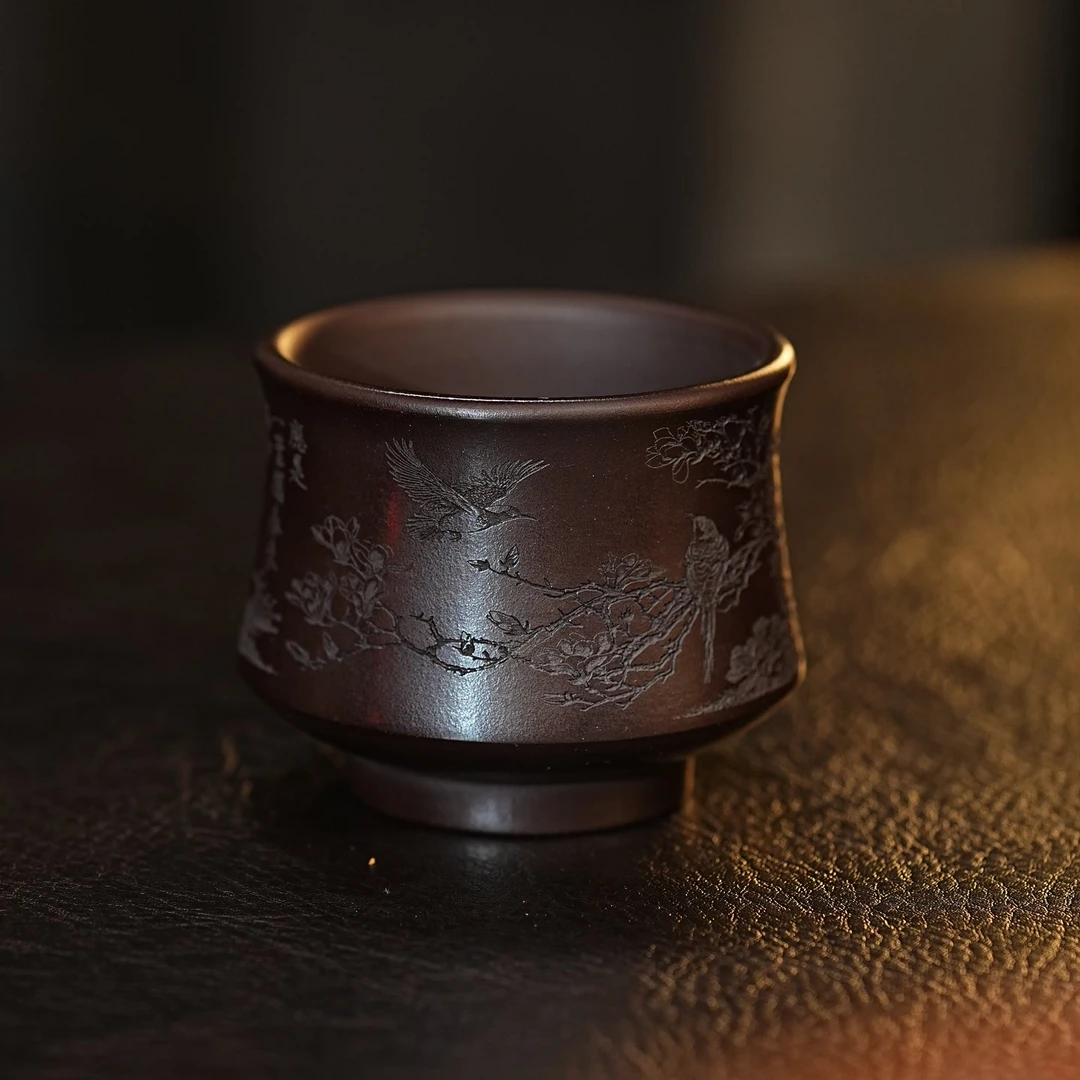 宜兴紫砂茶具 原矿石红泥料刻绘喜上眉梢主人杯品茗杯