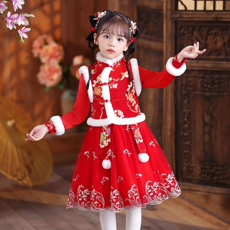 冬季汉服女童红色加绒古装裙子儿童拜年服小女孩唐装中国风冬装