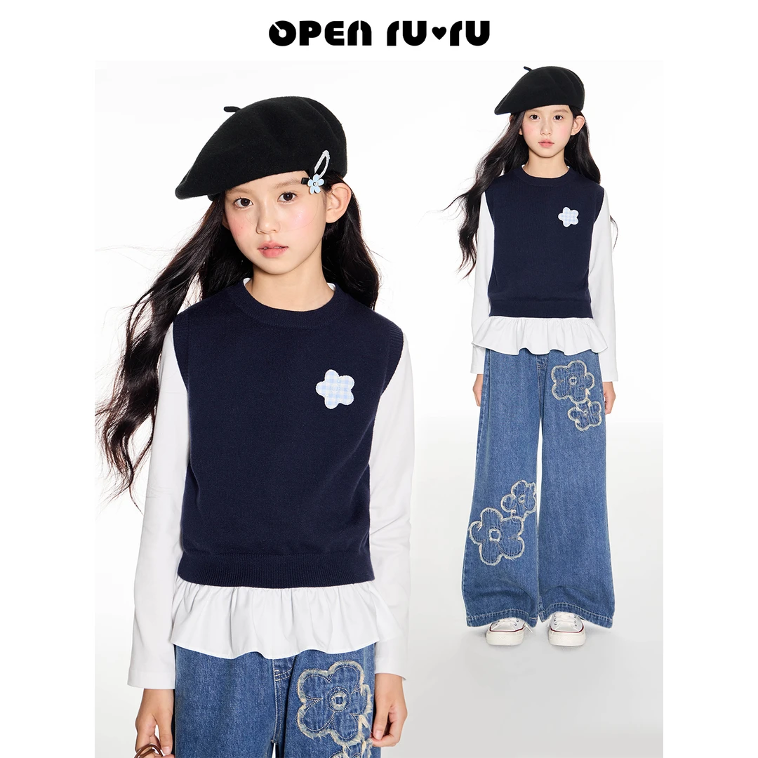Opennunu女童小花刺绣标毛衣马甲秋季学院风百搭叠穿软糯儿童上衣