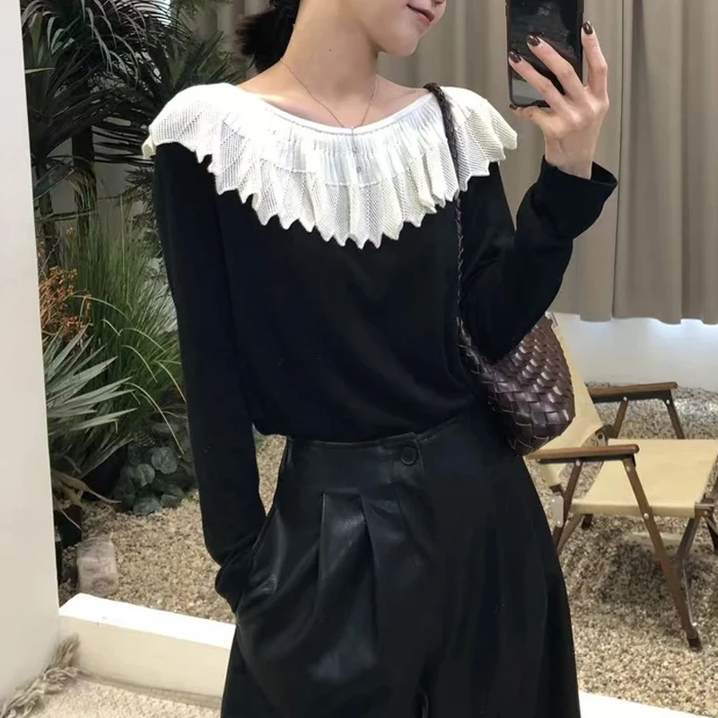 南油爆款~气质设计师款2025小众露肩一字领T恤撞色长袖针织上衣女