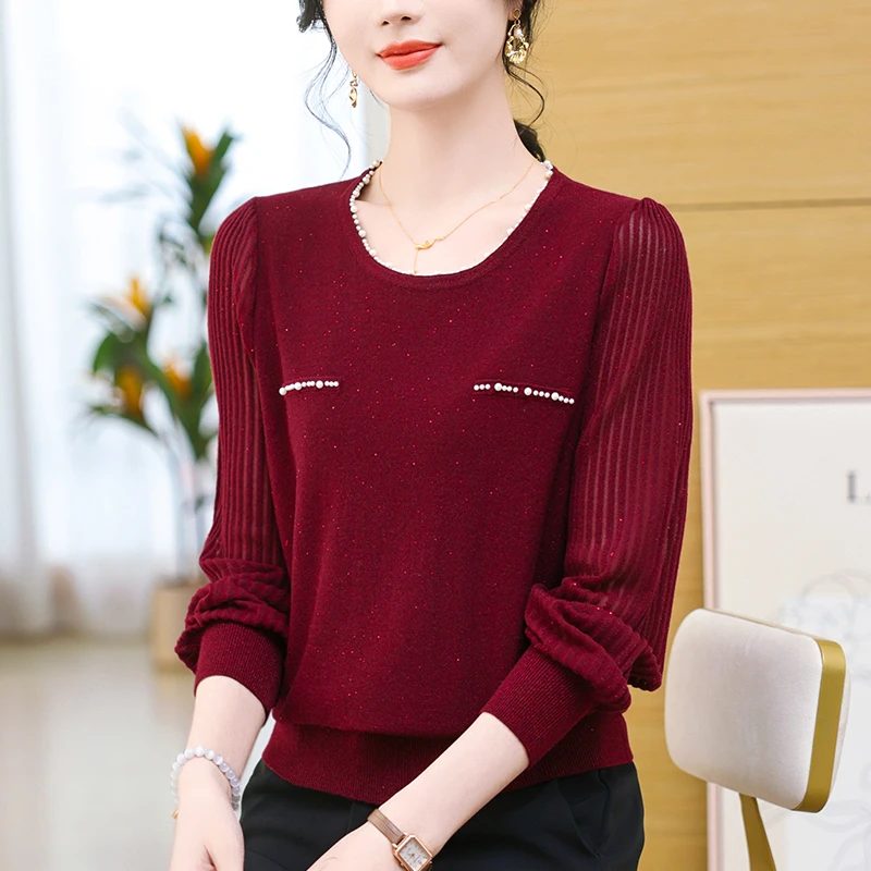 小香风气质长袖针织衫女t恤春秋装新款宽松高级亮片遮肚洋气上衣