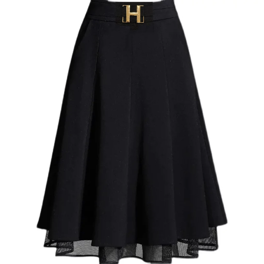 【KK】H字母伞裙显瘦高腰遮胯松紧腰中长半身裙