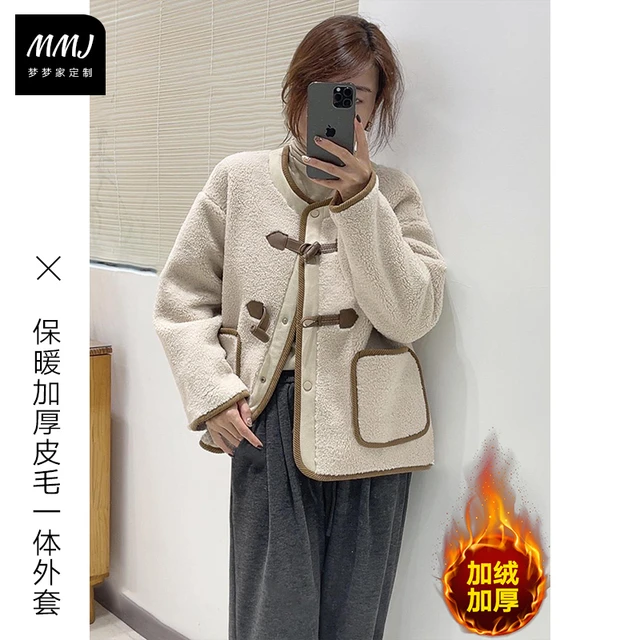 韩版高级感简约羊羔毛拼接外套女冬季保暖加厚皮毛一体小个子上衣