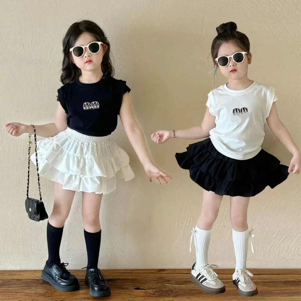 女童夏季套装2025夏装女孩短袖T恤+雪纺裙裤两件套女宝宝露背上衣