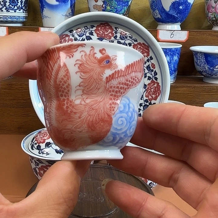 青花手工手绘凤杯