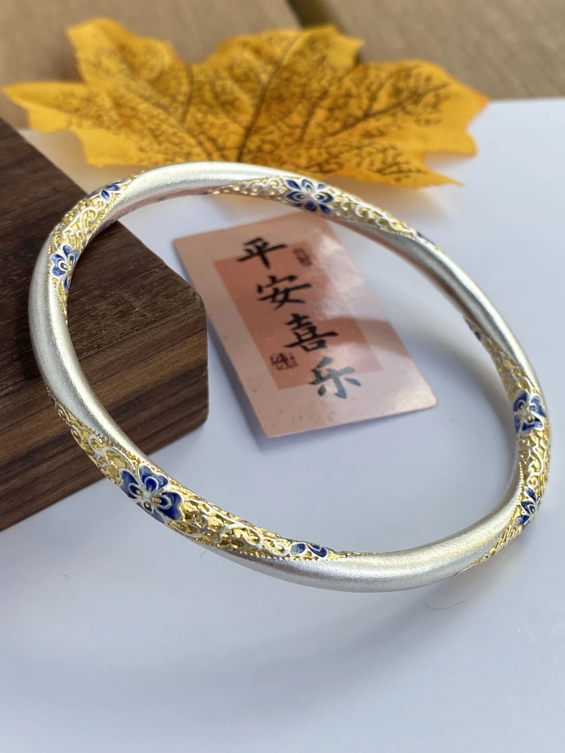 足银手镯 足银手镯复古单圈足银9999珐琅描金手工固口手镯银镯子