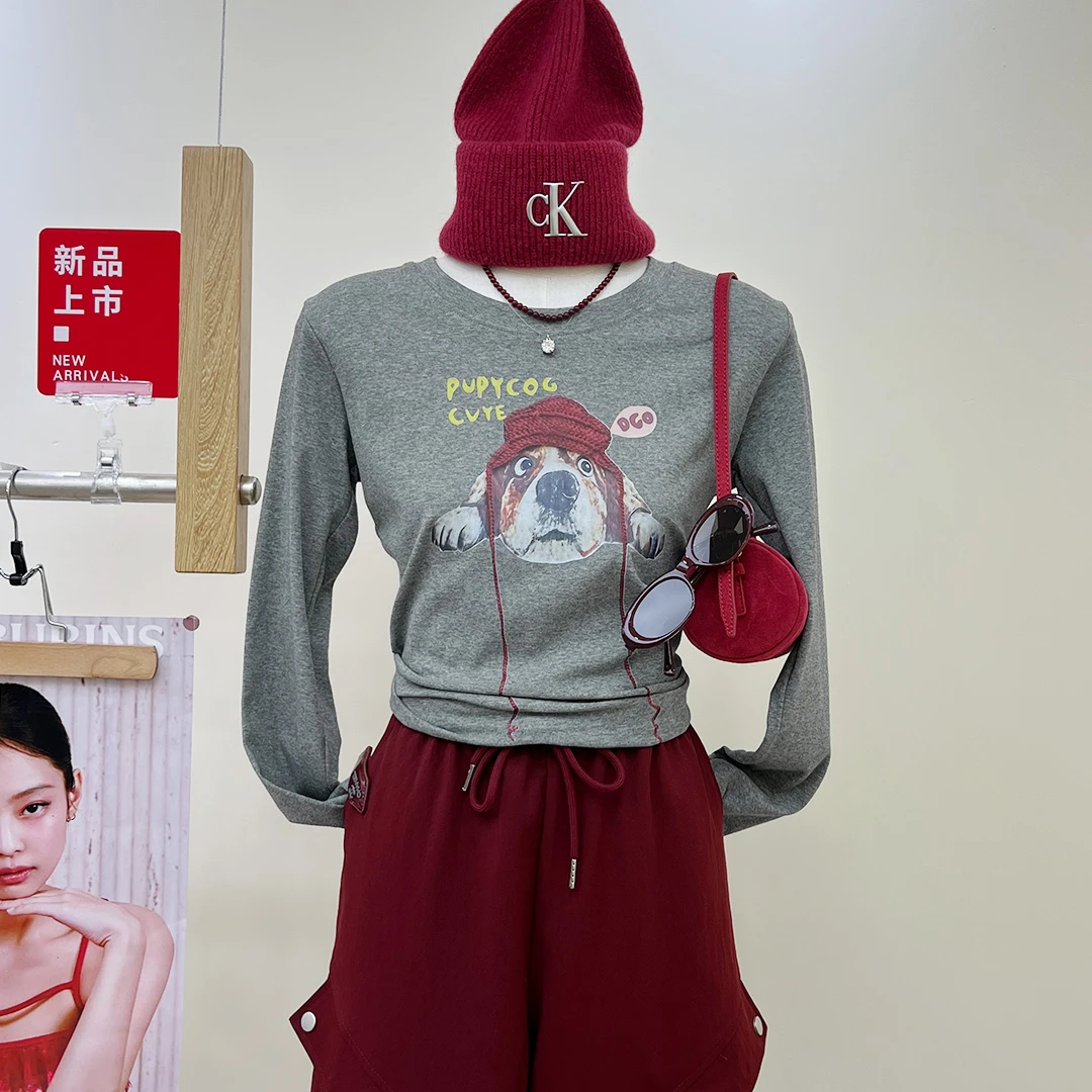 重磅甜酷帽子狗狗印花t恤女2025秋冬打底衫网红款圆领百搭上衣