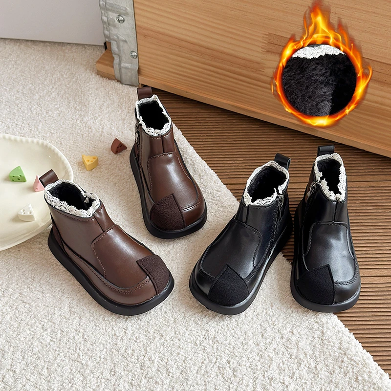 公主风公主女皮革拼接皮靴棉靴加厚保暖女童软底加绒