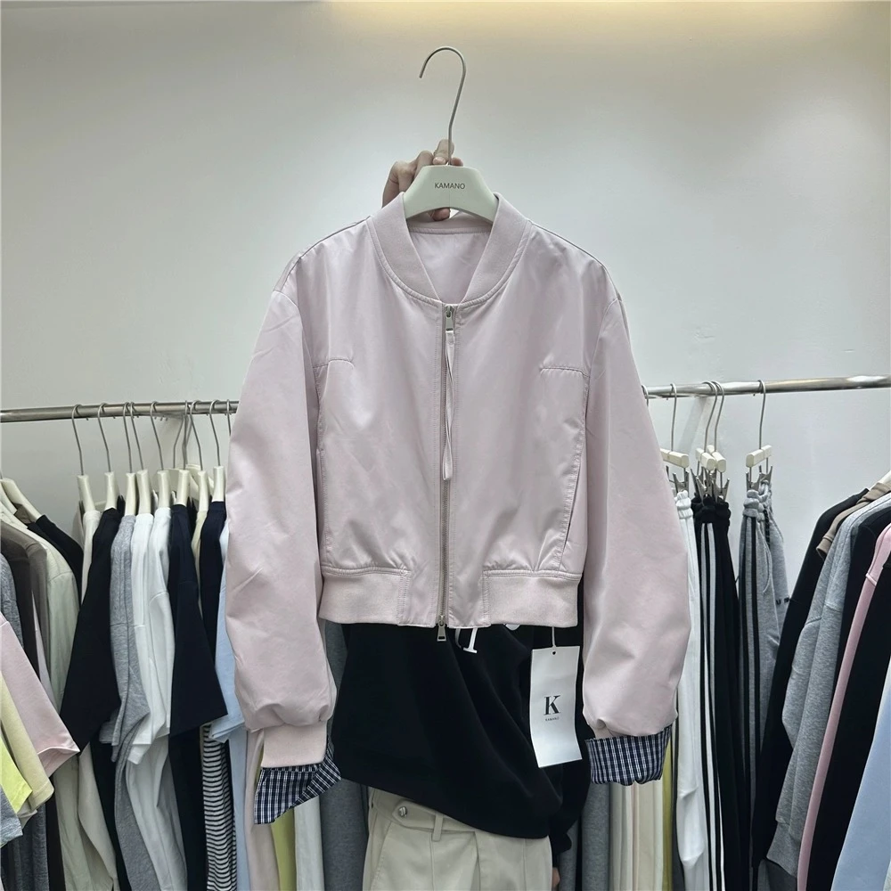 韩版纯色拼接袖百搭宽松小个子短外套2025秋季新款棒球服女