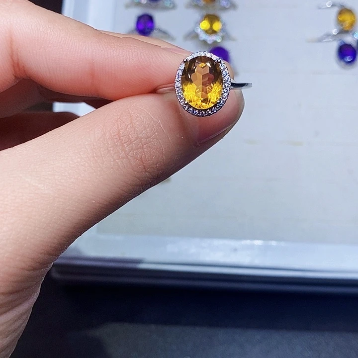 黄晶戒指银S925镶嵌天然