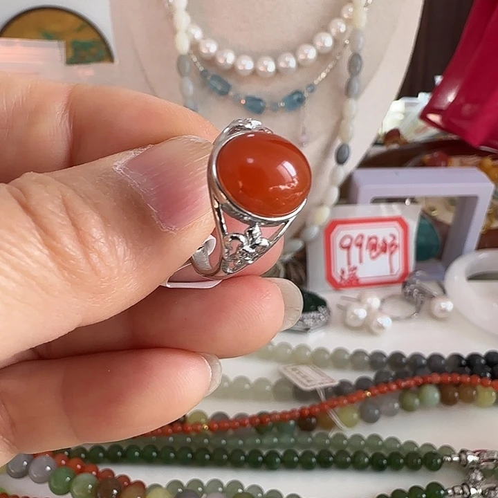南红玛瑙银S925镶嵌戒指11.7戒面厚银镶嵌天然结构