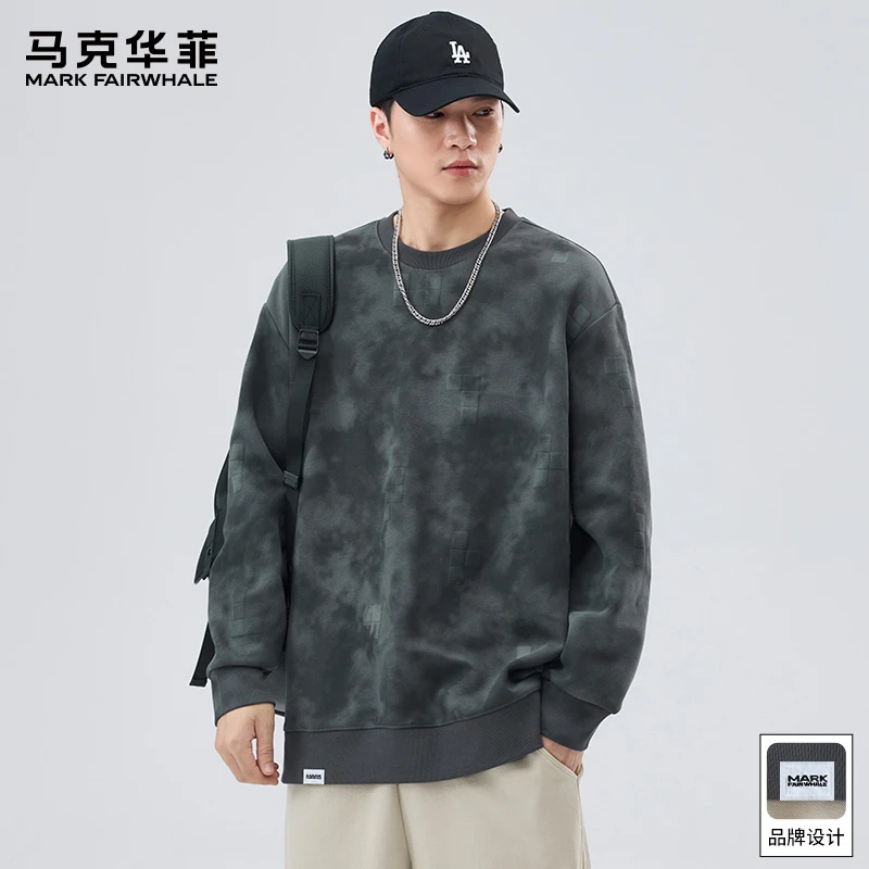 马克华菲美式复古重磅卫衣男士秋季新款宽松圆领扎染百搭休闲上衣