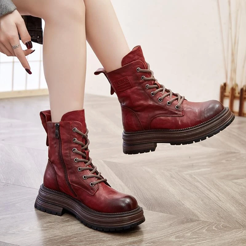 撤柜真皮马丁靴女款2023新款冬季靴厚底做旧机车靴圆头小香风短