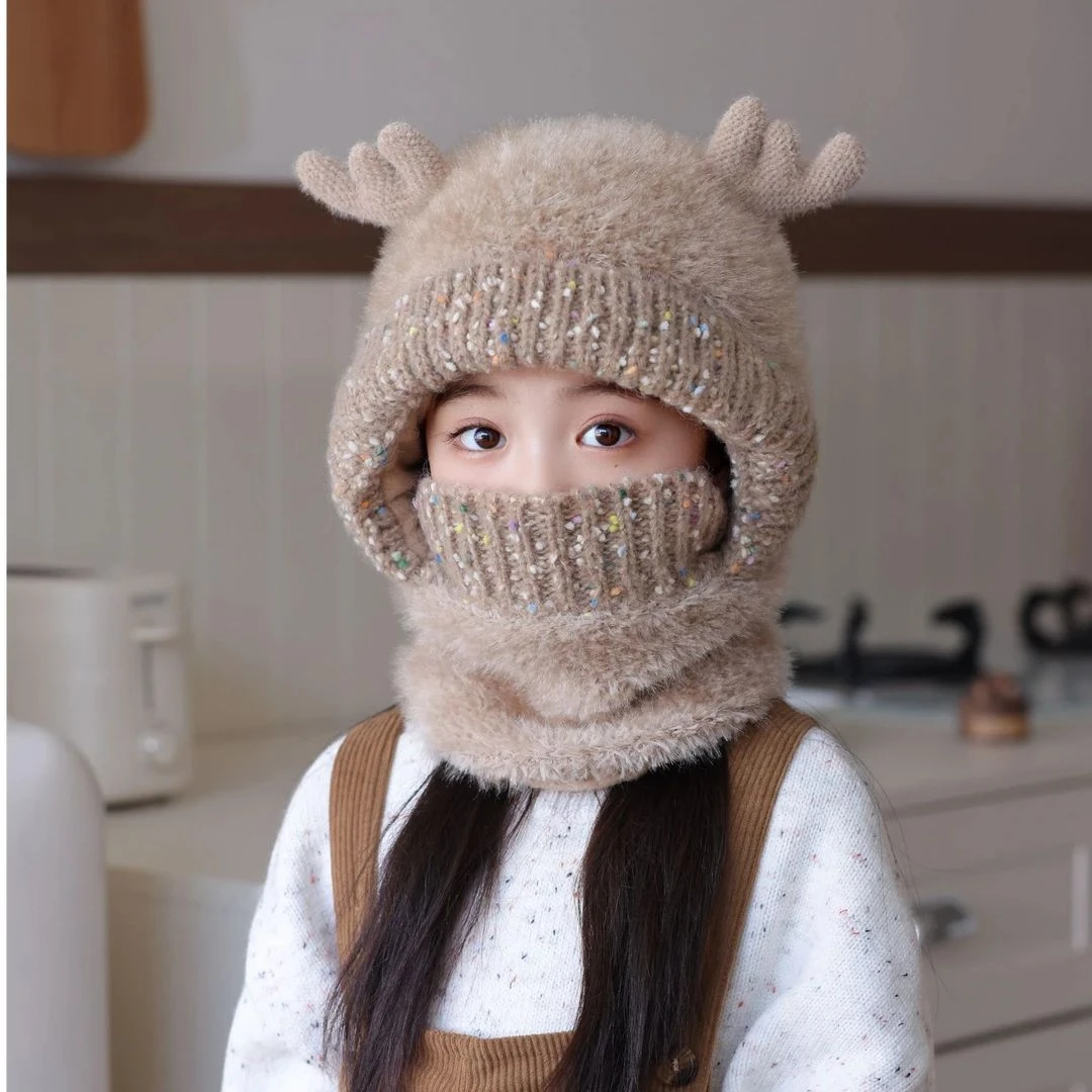 儿童帽子围脖口罩一体冬季防风保暖户外骑车帽可爱毛绒宝宝护儿帽
