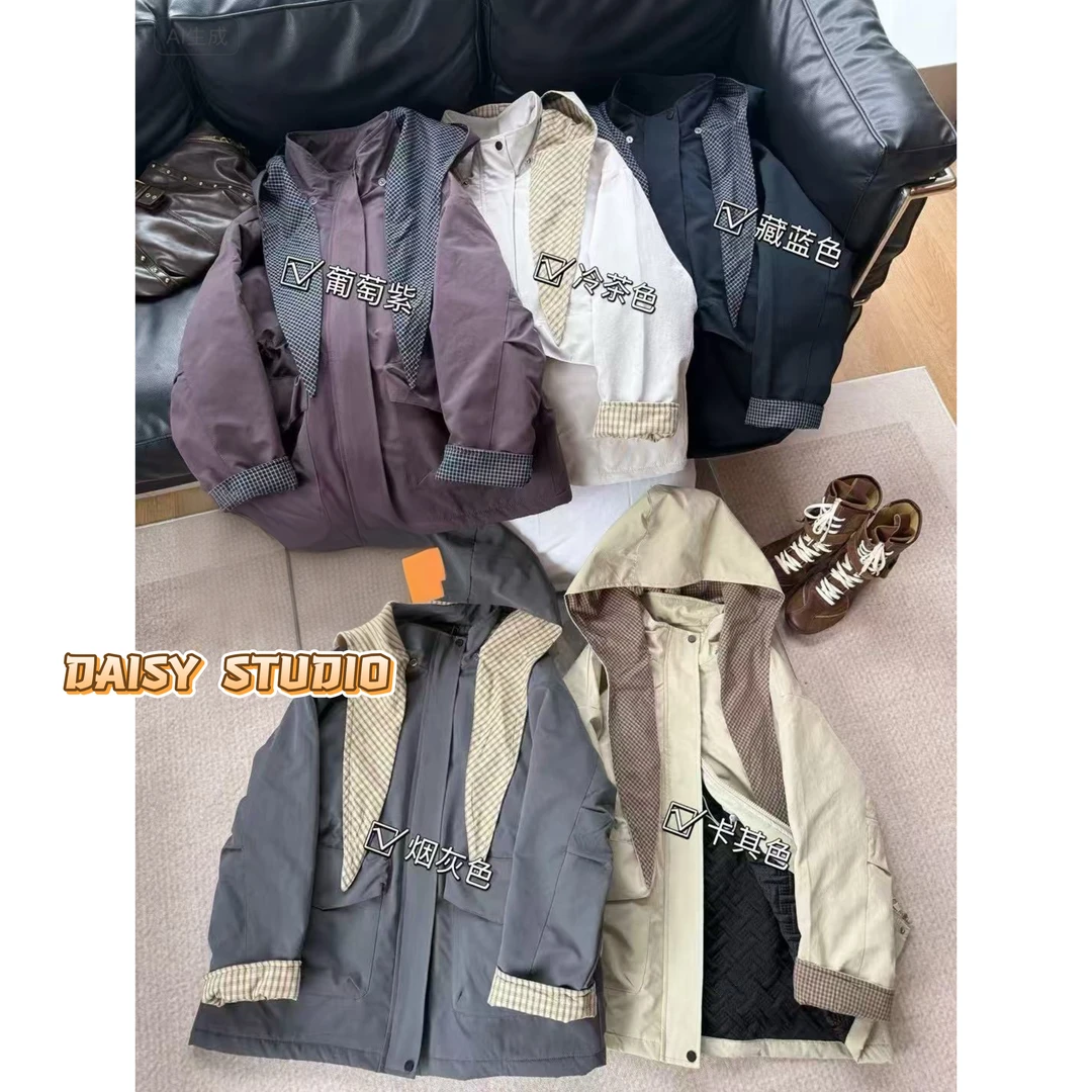 【DAISY-风衣】连帽格子撞色中长款抽绳收腰风衣外套