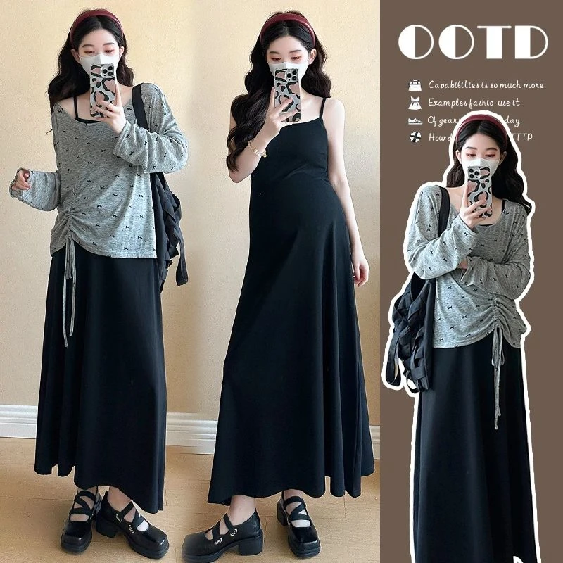 时髦孕妇装新款连衣裙时尚气质蝴蝶抽绳上衣搭修身显瘦吊带裙套装