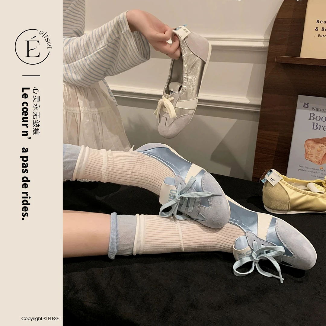 ÉLFSET | 芭蕾德训鞋女2025新款夏季系带透气一脚蹬单鞋休闲鞋