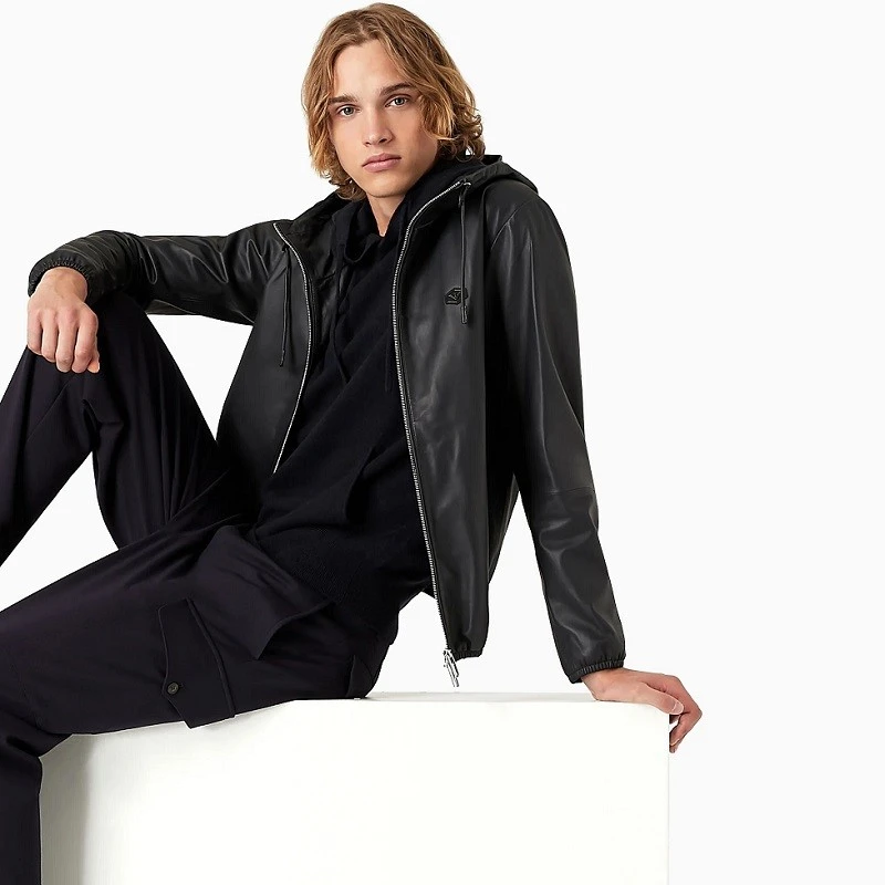 Emporio Armani 阿玛尼 男士修身皮衣连帽机车皮夹克