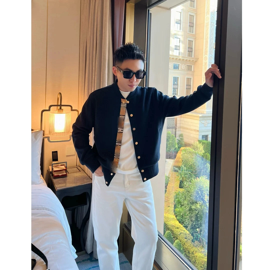 【格纹棒球服】美利奴混纺高端时尚内衬金扣男士棒球领夹克外套上