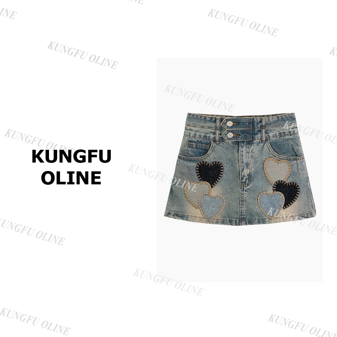 【裙裤】QK0565夏季新款爱心牛仔裙裤短裙裤显瘦卡通图案印花百搭
