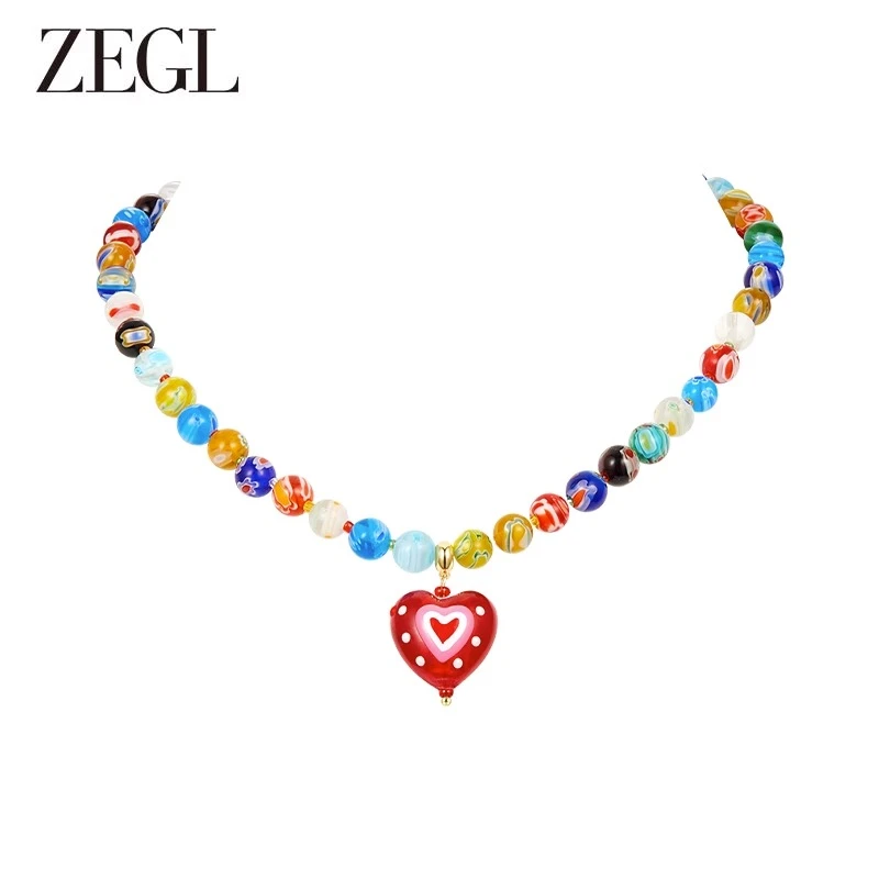 ZEGL 铜合金项链 爱心彩串项链简约轻奢百搭饰品