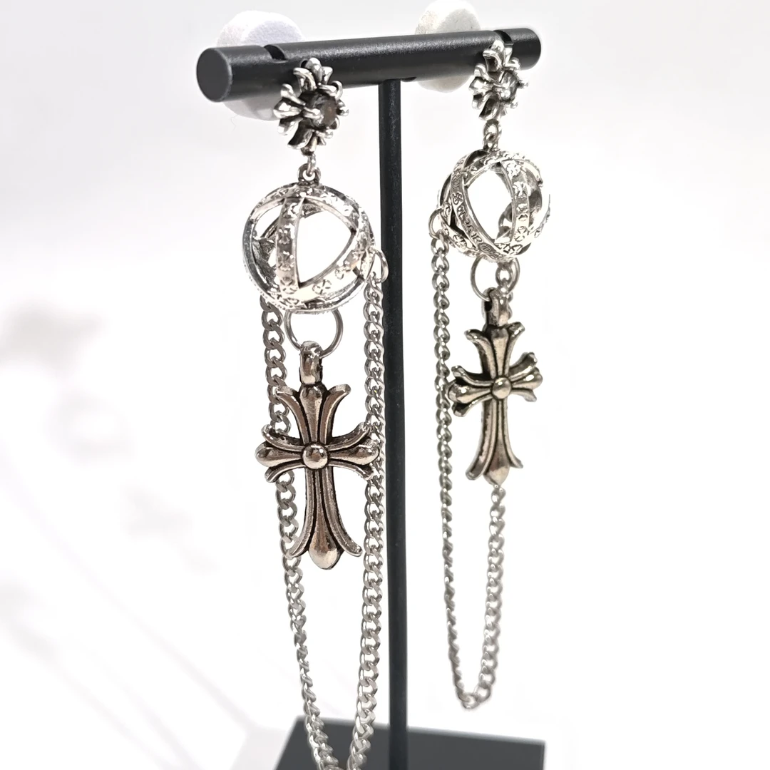 铜合金合成锆石耳饰 06968高级时尚复古气质球球十字流苏歌词耳环