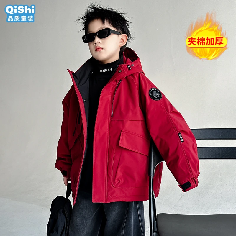 男童夹棉外套2025新款秋冬款加厚冲锋衣大儿童二棉男孩冬季派克服