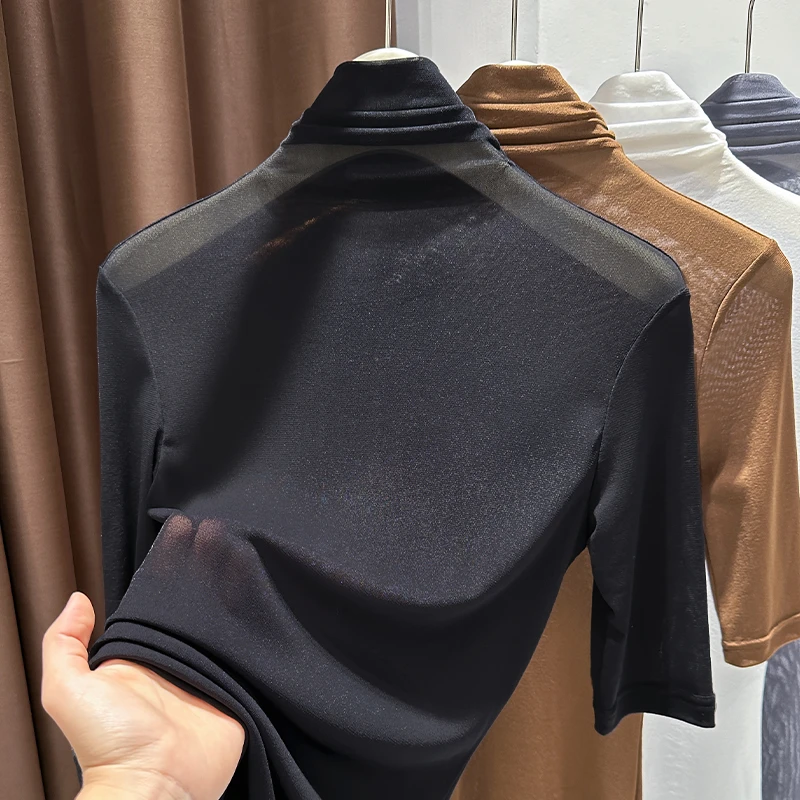 黑色爆款堆堆领网纱T恤上衣女2025夏季爆款内搭叠穿气质打底衫潮