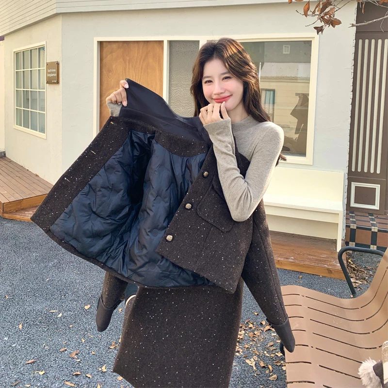 小香风毛呢羽绒服半裙套装2025冬季新款复古韩系简约通勤风两件套
