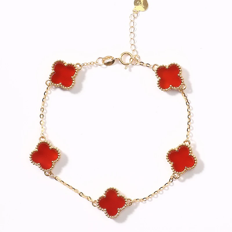 18K金红玛瑙10mm五花小手链黄K金百搭时尚