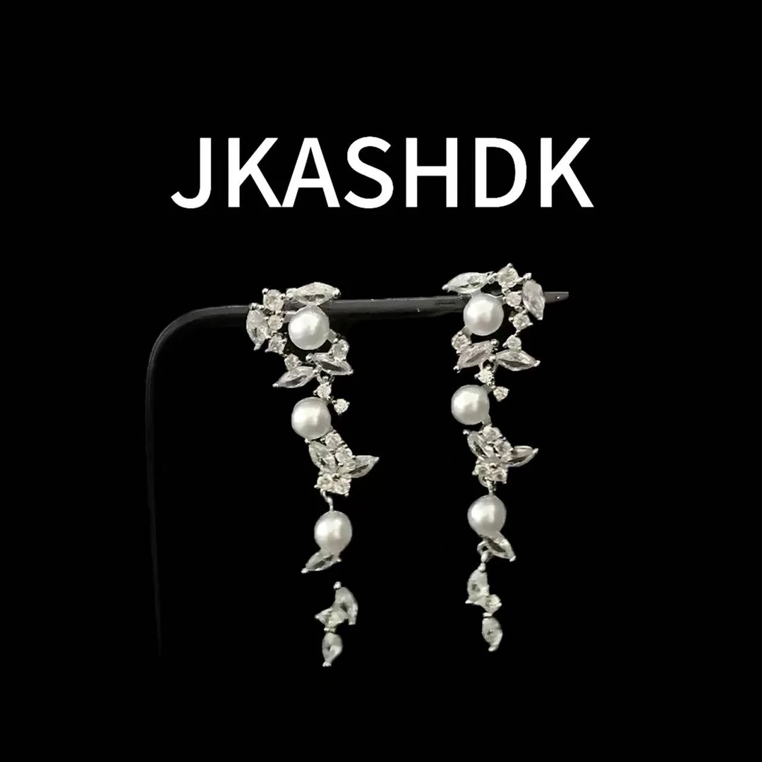 JKASHDK 黄铜锆石耳饰 珍珠闪耀锆石流苏白色时尚耳环