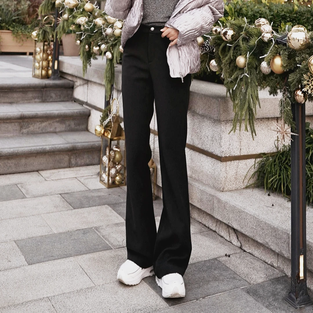 DKNY【舒适微弹】通勤简约微喇宽袢设计女式休闲裤2024秋冬B001