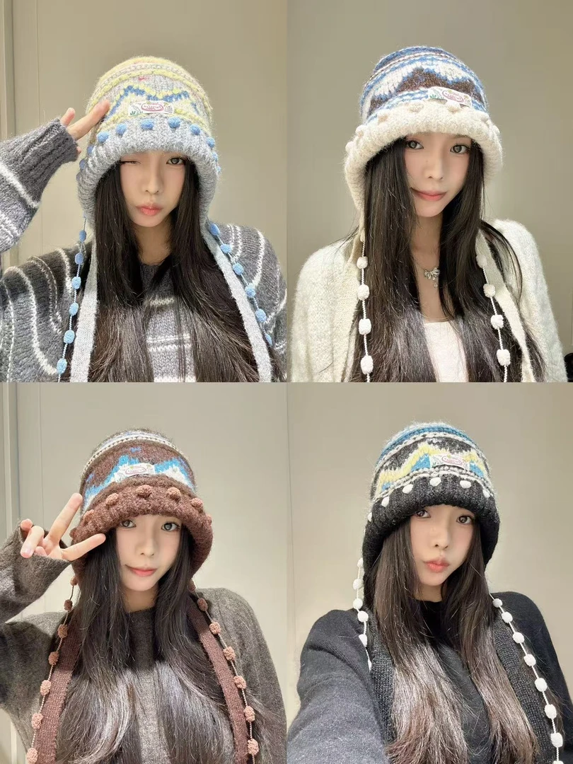 费尔岛流苏帽包两用韩系针织毛线冬季保暖包头护耳帽子