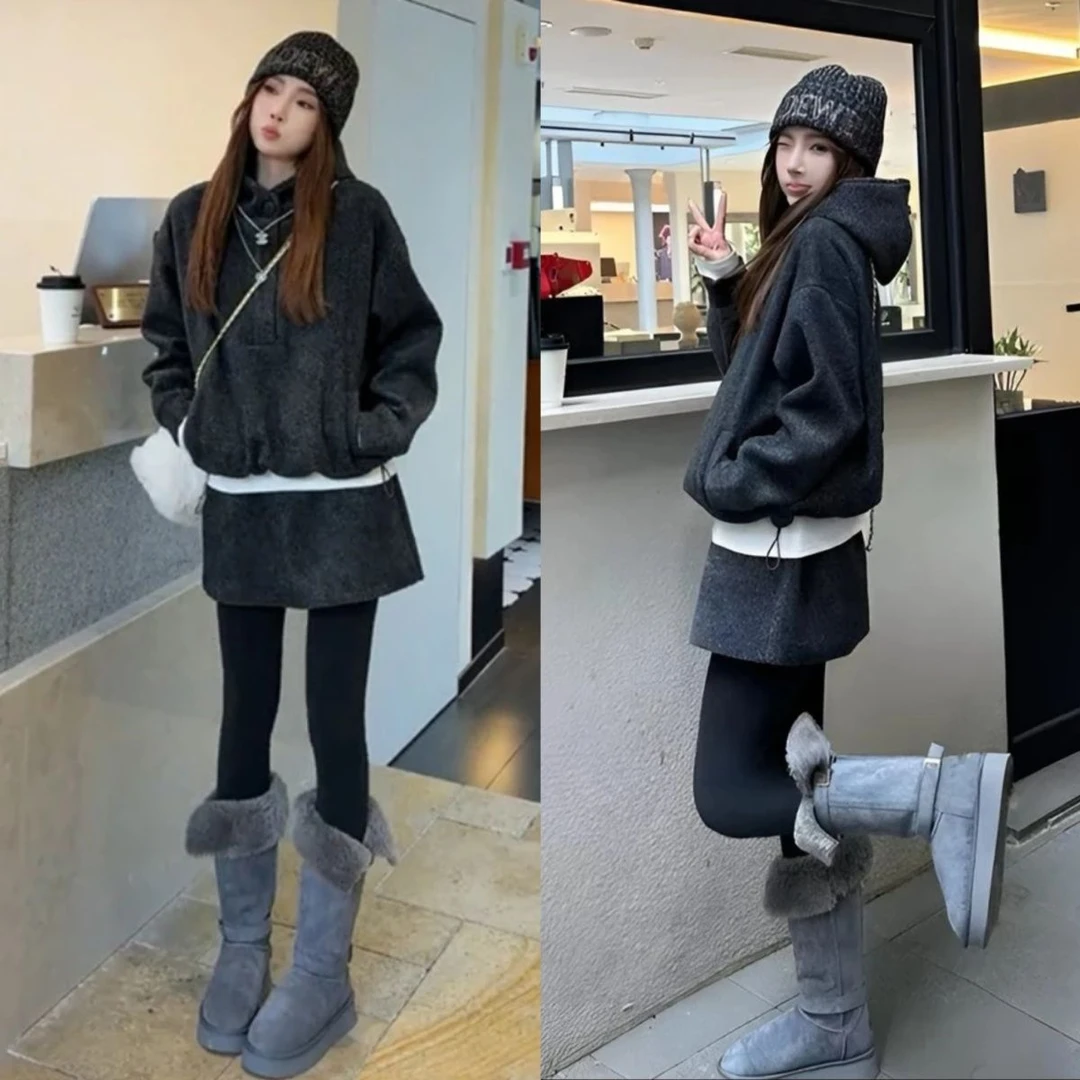 纯雅冬季新品韩版毛呢感纯色连帽卫衣外套+时尚短裙网红两件套潮