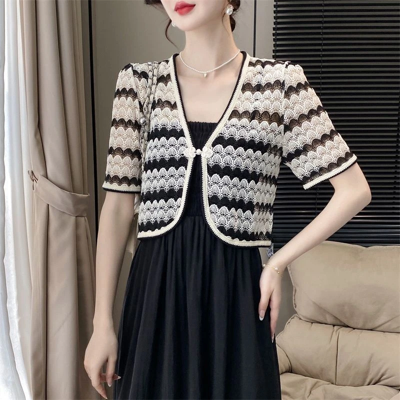2025新款中国风镂空开衫蕾丝防晒薄款罩衫夏季短款外套短袖春夏款
