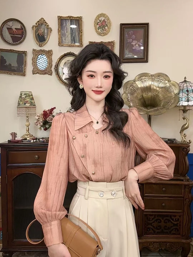 现货【港万】夏季新款复古别致印花设计感斜襟衬衫Y4860