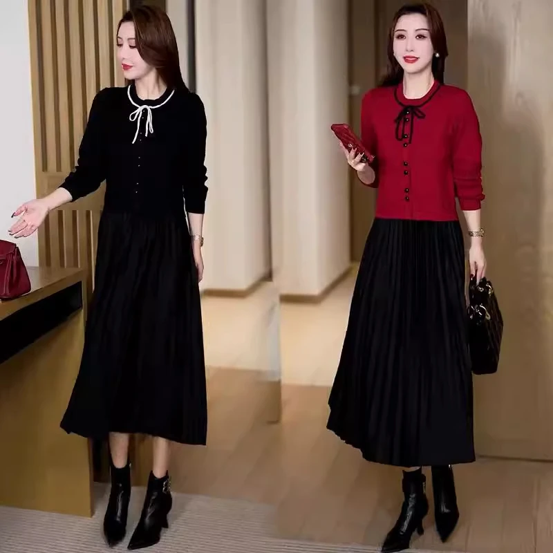 时尚假两件针织连衣裙女秋冬新款洋气收腰显瘦中长款配大衣打底裙