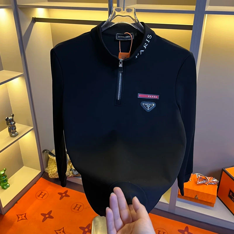 欧货轻奢高定大牌男装上衣2025秋季新款字母刺绣半高领拉链体恤潮