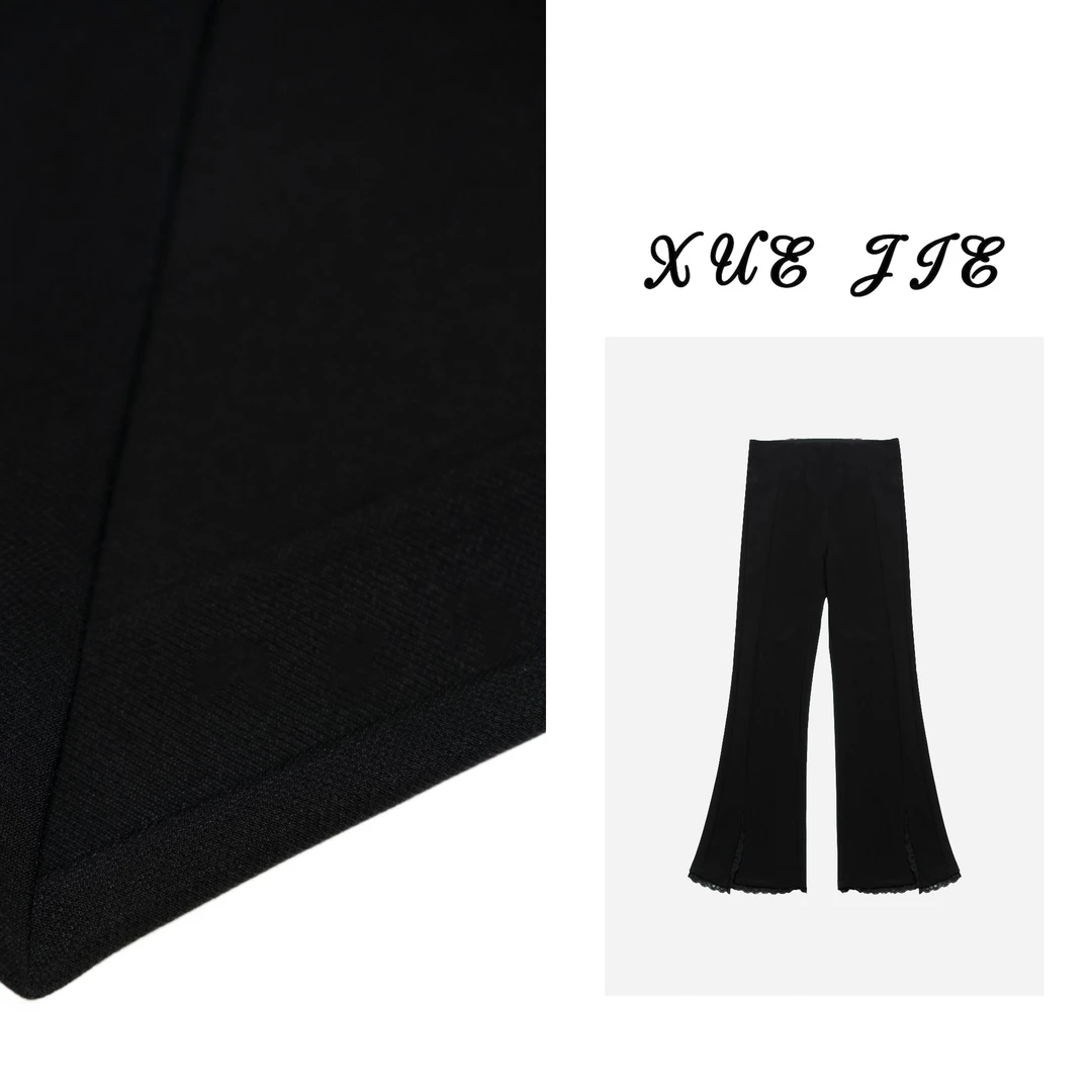 逸焰【雪姐百搭自由】8345高腰休闲弹力蕾丝边喇叭裤