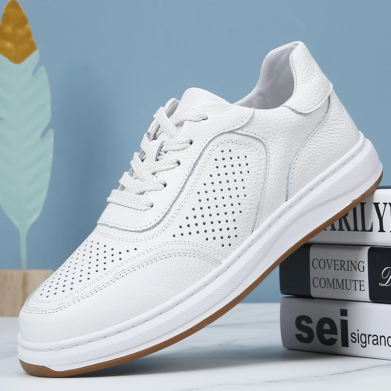 【系带】头层牛皮男鞋白色板鞋男真皮透气软底潮流时尚纯皮小白鞋男