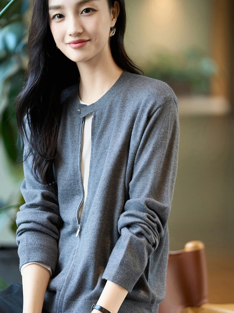 超细精纺纯色拉链长袖针织衫气质百搭棒球服高质感上衣