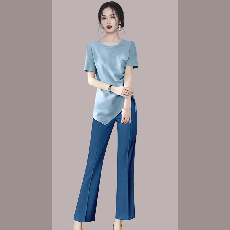 褶皱短袖t恤直筒长裤职业套装女2025新款夏装通勤两件套