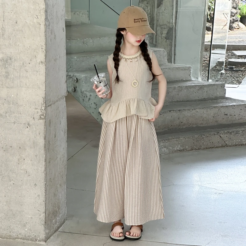 女童夏季休闲阔腿裤套装2025年新款时髦小女孩水洗棉麻夏装两件套