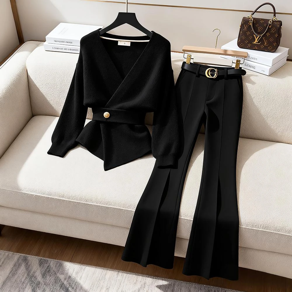 轻熟风气质秋冬套装爆款收腰显瘦针织上衣休闲裤时尚小香风一整套